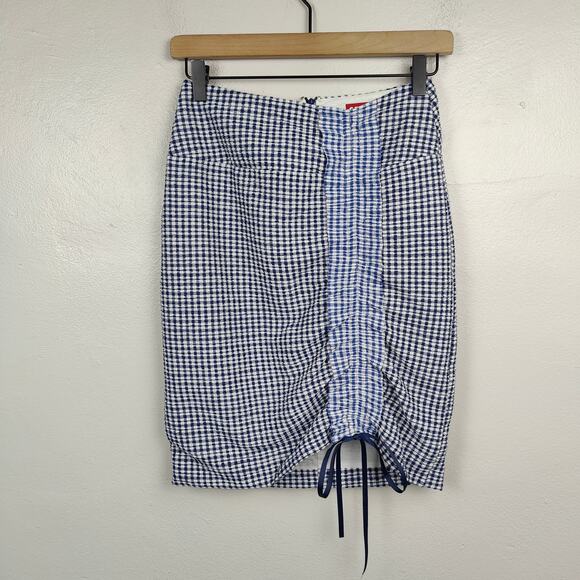 Staud Cello Skirt Womens‎ 0 Blue White Gingham Plaid White Blue Ruched Preppy - Picture 1 of 7